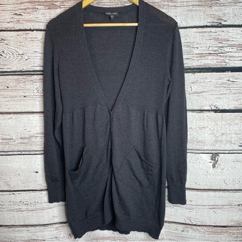 Eileen Fisher 100%‎ Wool Charcoal Gray Cardigan Sweater Button Down Small $$$